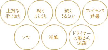 上質な指どおり 続くまとまり 続くうるおい フレグランス効果 ツヤ 補修 ドライヤーの熱から保護